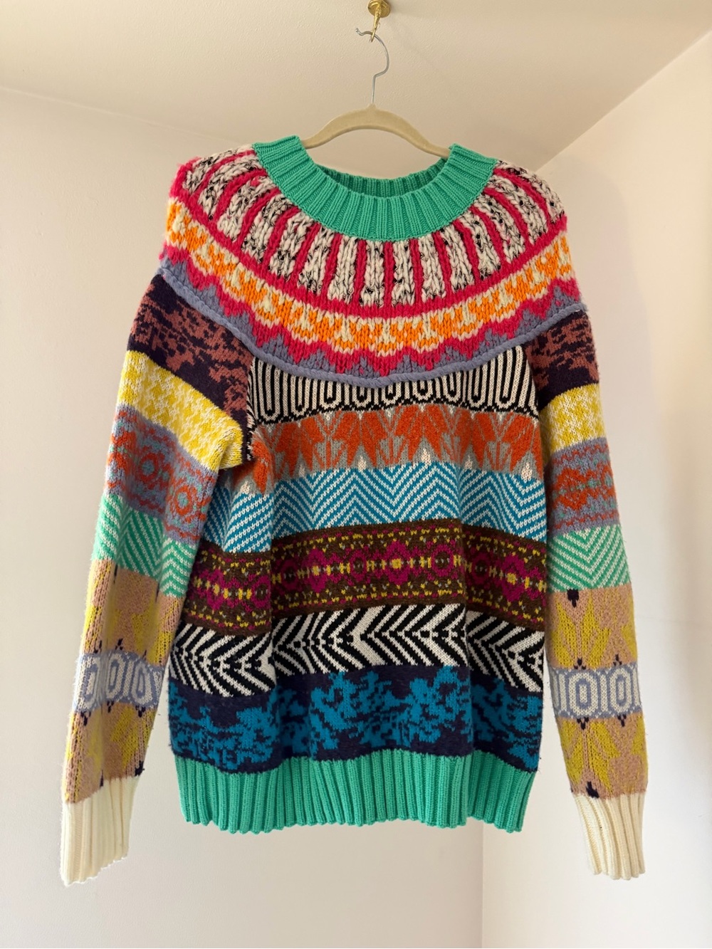 Anthropologie Multicolor Patterned Crewneck Sweater with Teal Trim